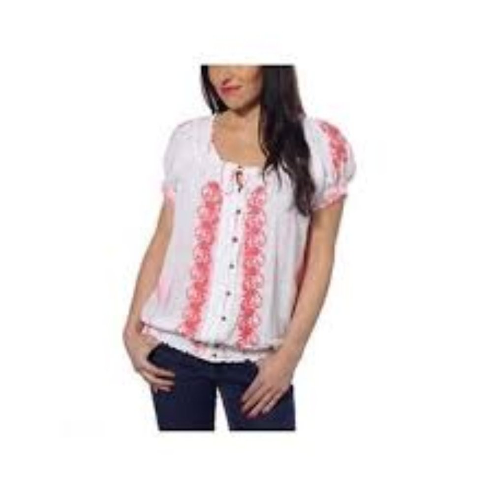 Fever Womens Short Sleeve Button Down Bohemian Top